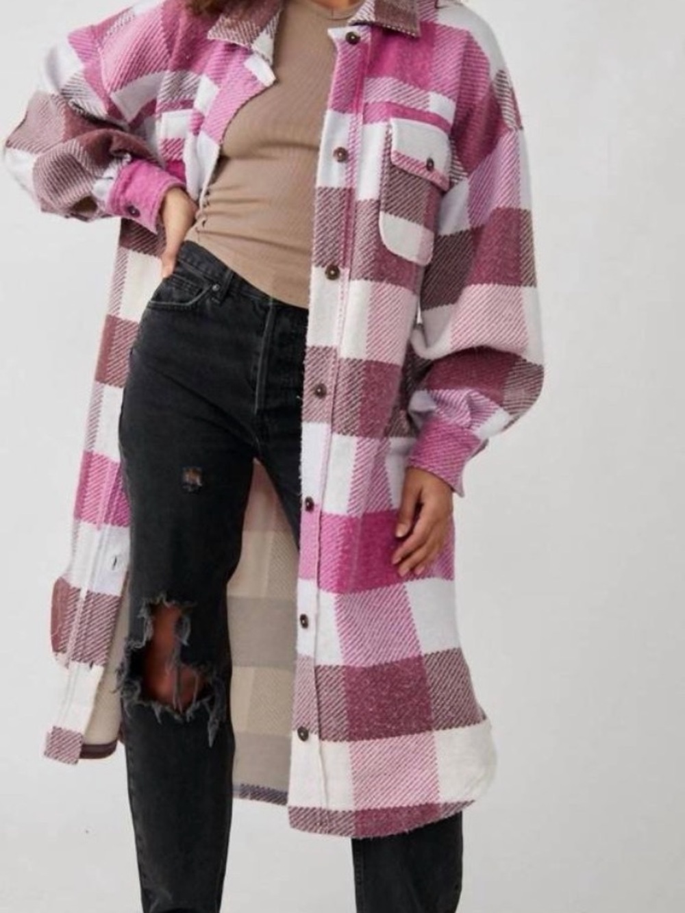 Free People Pink & White Plaid Long Utility Shacket